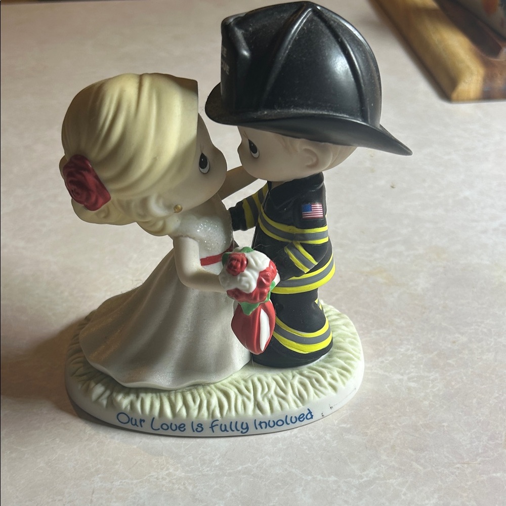 Precious Moments Firefighter Wedding Cake Topper with Red and Black Accents